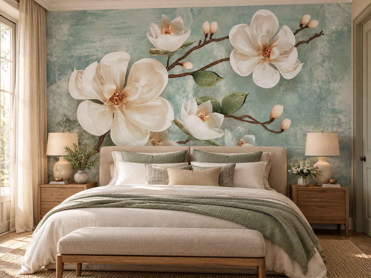 Après : même chambre avec un papier peint de magnolias blancs sur fond sauge