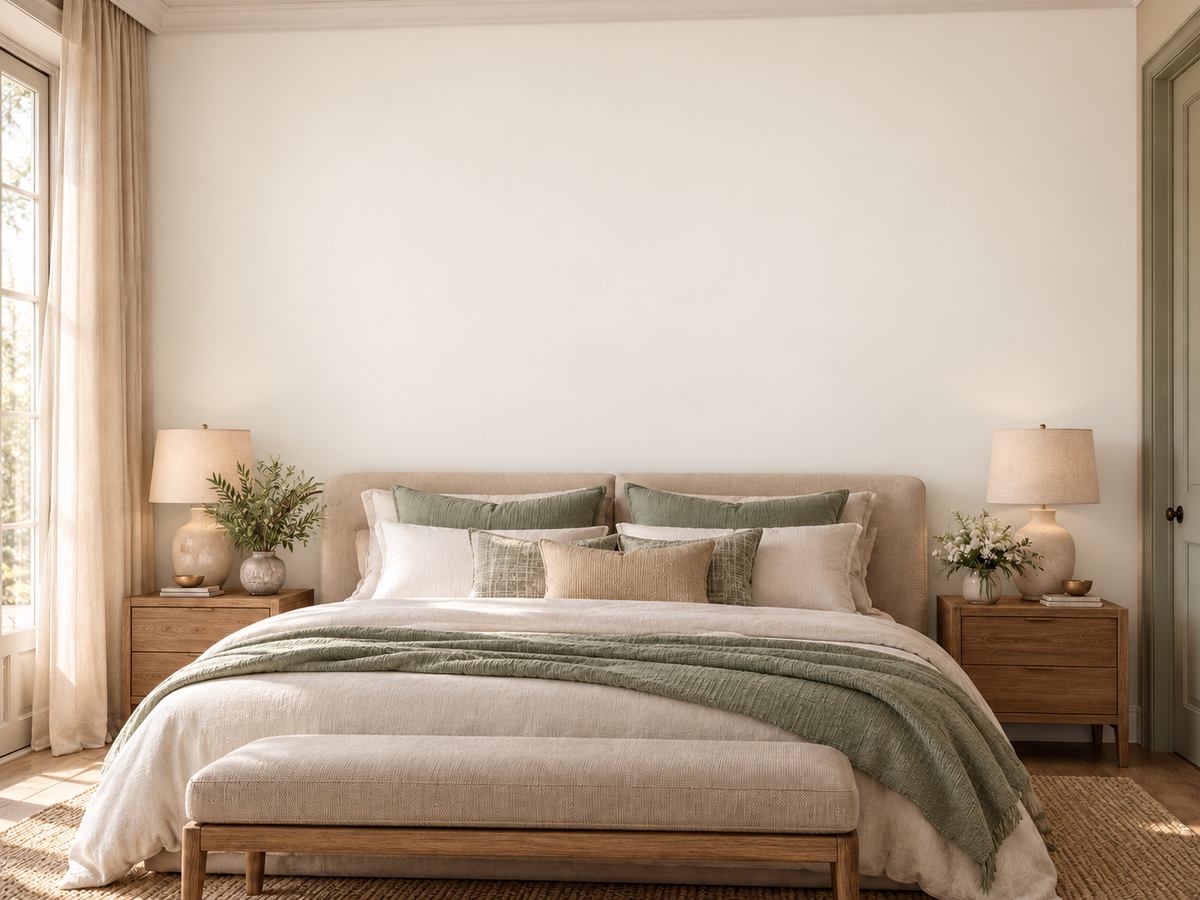 Avant : chambre avec un mur ivoire uni derrière le lit