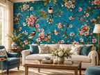 Papier peint panoramique Oiseaux et Fleurs sur Fond Bleu — mise en scène sur un mur