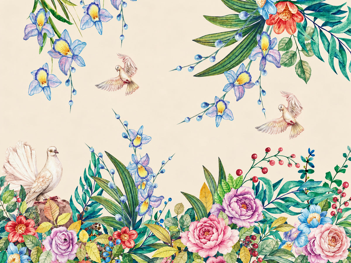 Papier peint panoramique Oiseaux et Fleurs Multicolores — vue du design seul