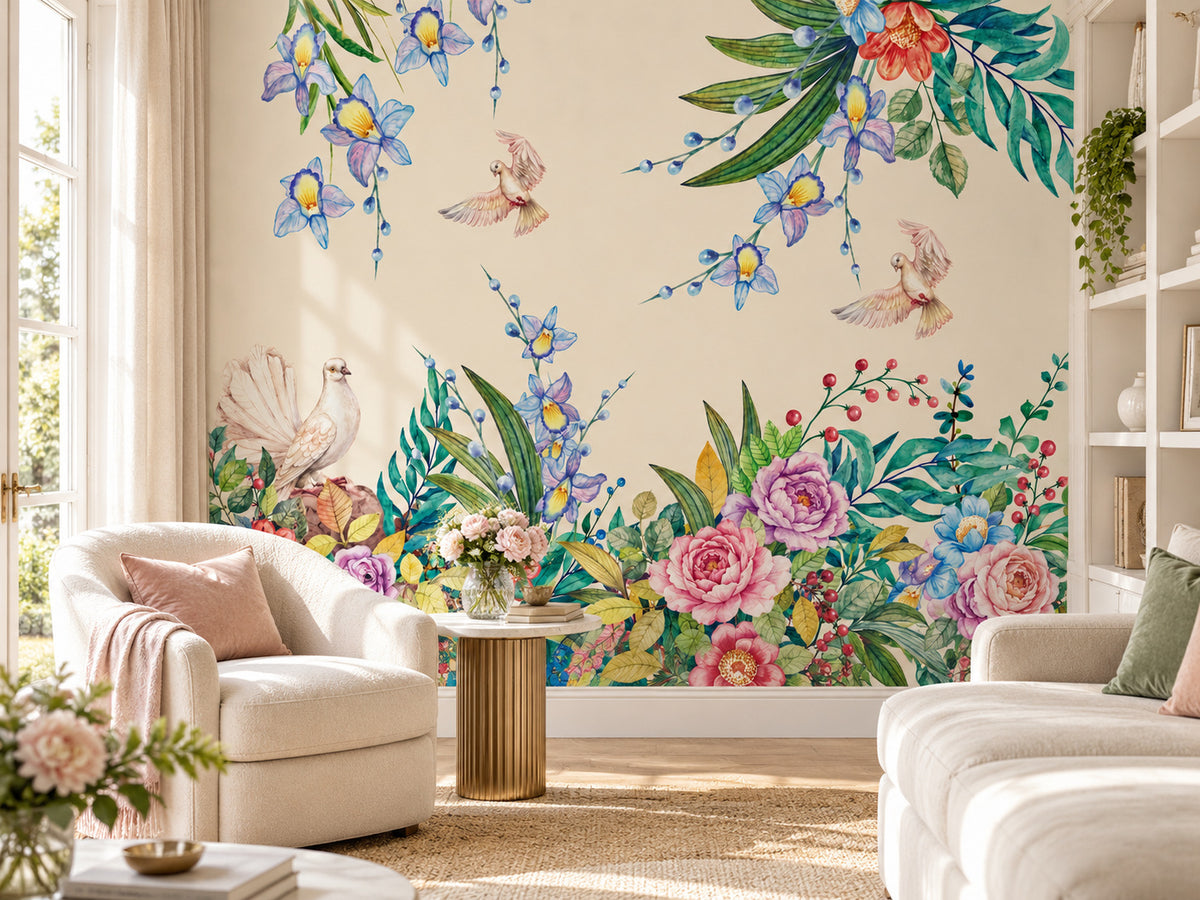 Papier peint panoramique Oiseaux et Fleurs Multicolores — mise en scène sur un mur