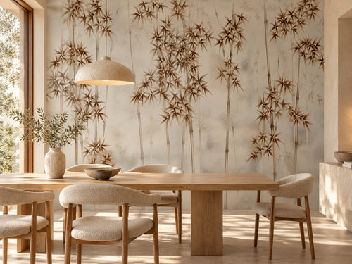 Papier peint panoramique Bambous Bruns dans la Brume — mise en scène sur un mur