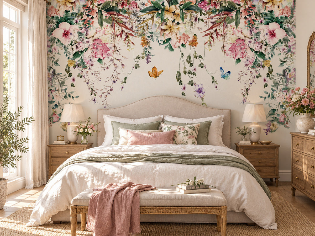Papier peint panoramique Jardin Fleuri et Papillons — mise en scène sur un mur