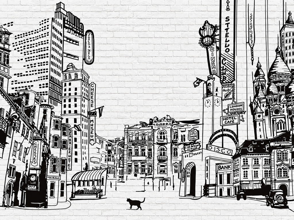 Papier peint panoramique Ville Dessinée en Noir et Blanc — vue du design seul