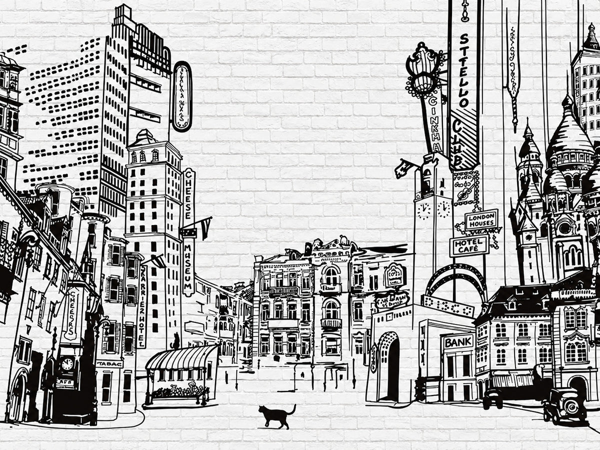 Papier peint panoramique Ville Dessinée en Noir et Blanc — vue du design seul