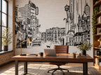 Papier peint panoramique Ville Dessinée en Noir et Blanc — mise en scène sur un mur