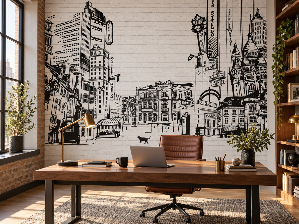 Papier peint panoramique Ville Dessinée en Noir et Blanc — mise en scène sur un mur