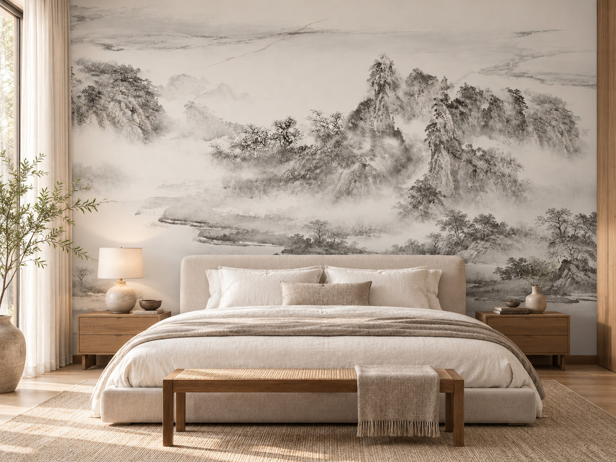 Papier peint panoramique Paysage de Montagnes Gris Clair — mise en scène sur un mur