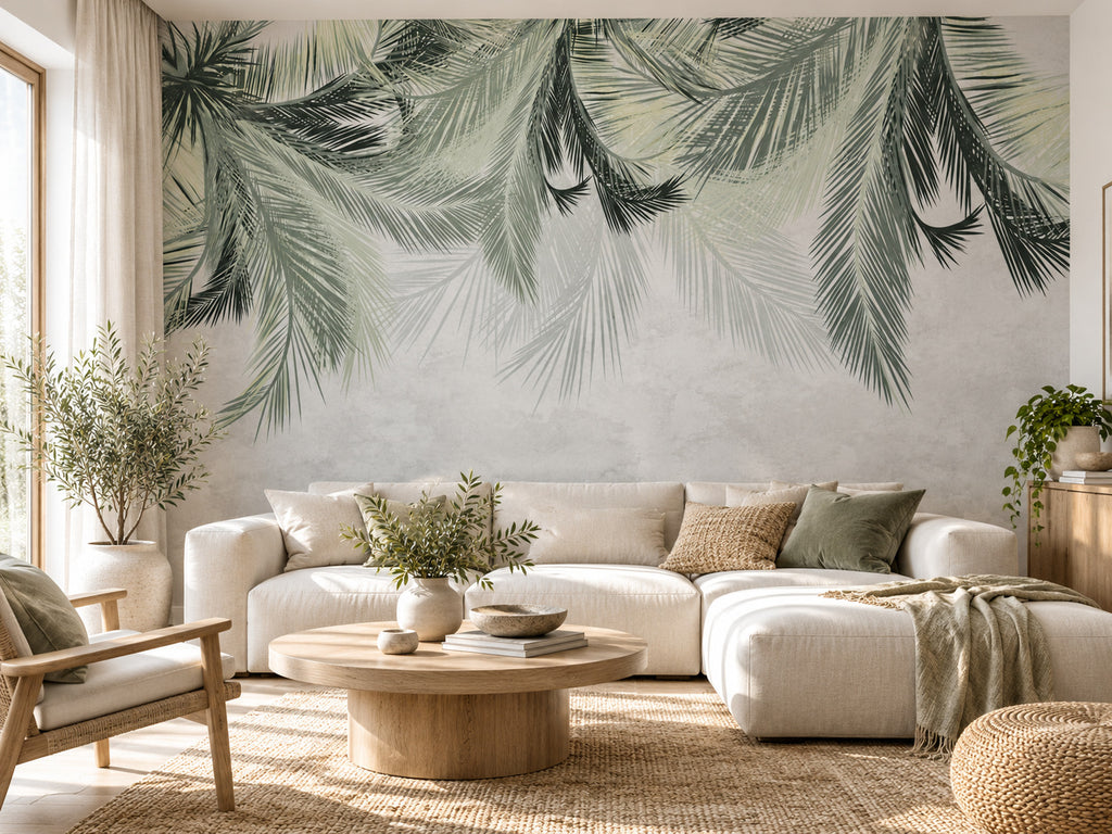 Papier peint panoramique Palmes Vert Sauge — mise en scène sur un mur