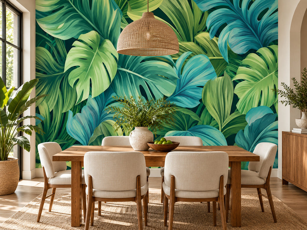 Papier peint panoramique Jungle de Feuilles Vertes — mise en scène sur un mur