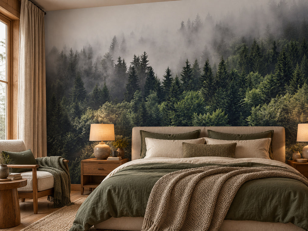 Papier peint panoramique Forêt de Sapins dans la Brume — mise en scène sur un mur