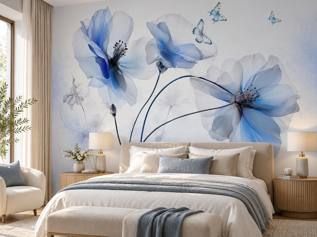Papier peint panoramique Fleurs Bleues et Papillons — mise en scène sur un mur
