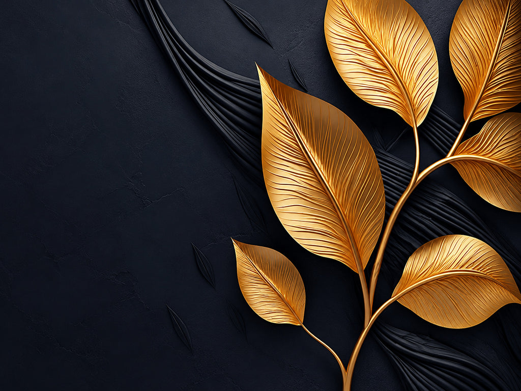 Papier peint panoramique Feuilles Dorées sur Fond Noir — vue du design seul