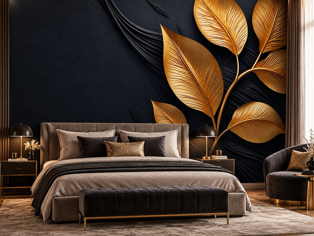 Papier peint panoramique Feuilles Dorées sur Fond Noir — mise en scène sur un mur