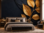 Papier peint panoramique Feuilles Dorées sur Fond Noir — mise en scène sur un mur