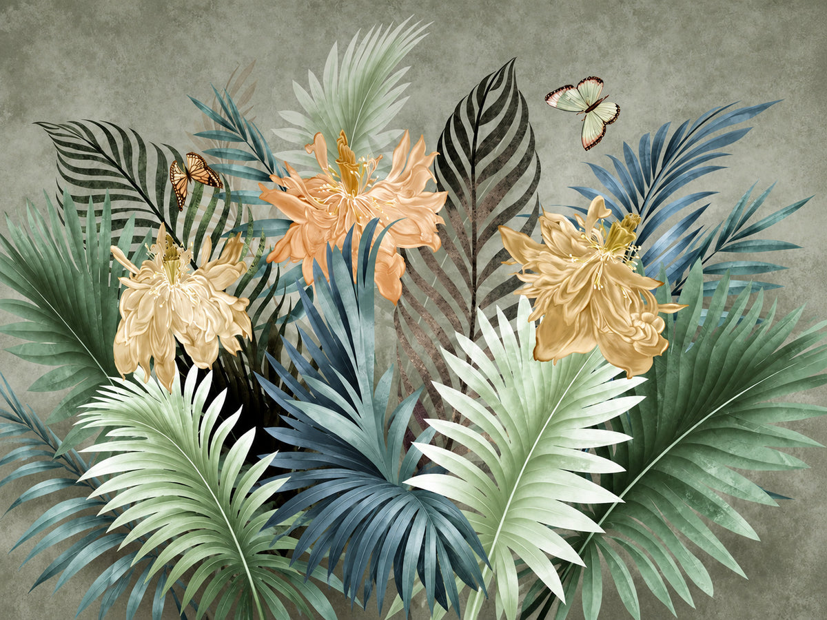 Papier peint panoramique Fleurs Dorées et Feuillage Tropical — vue du design seul