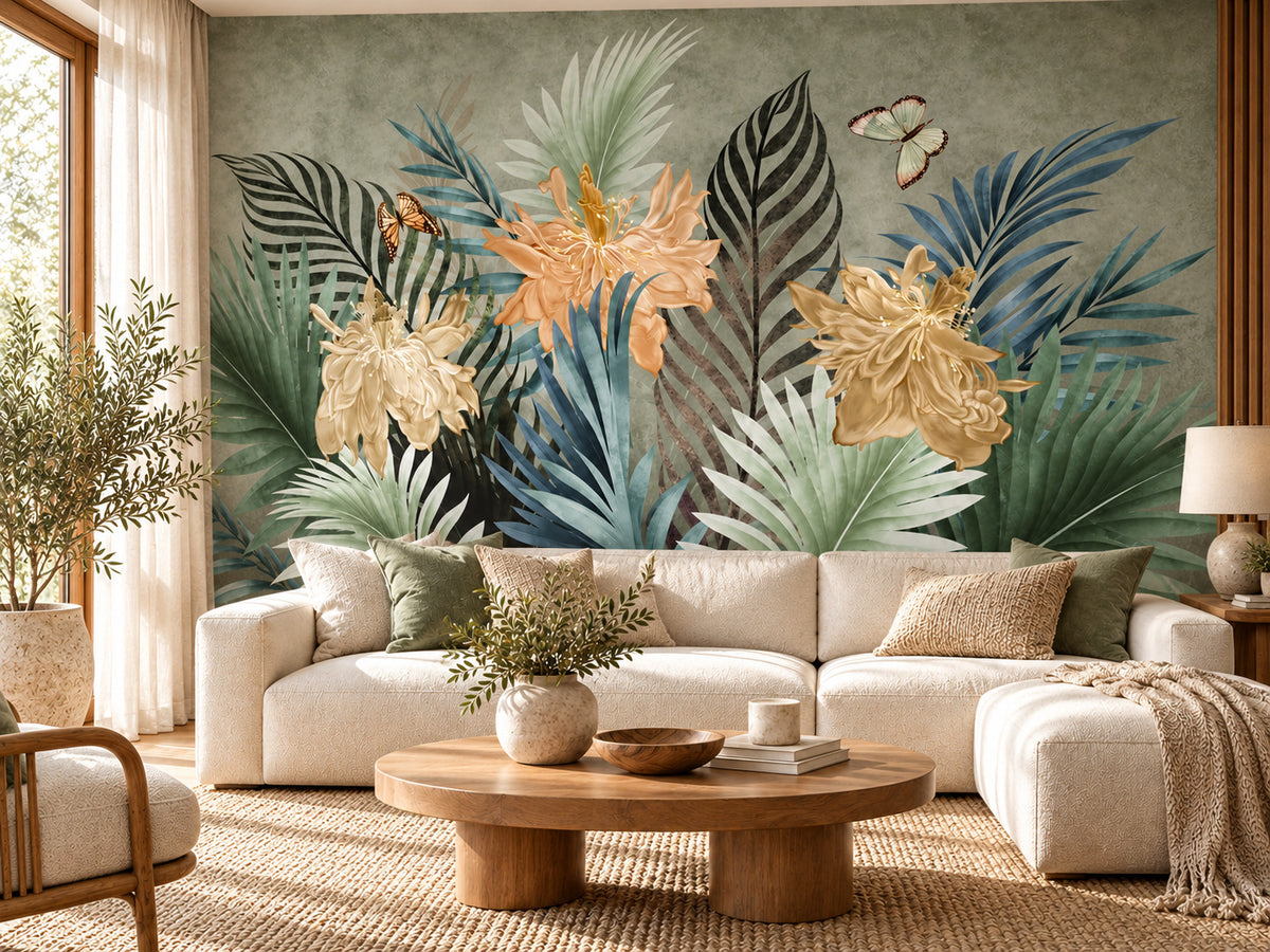 Papier peint panoramique Fleurs Dorées et Feuillage Tropical — mise en scène sur un mur