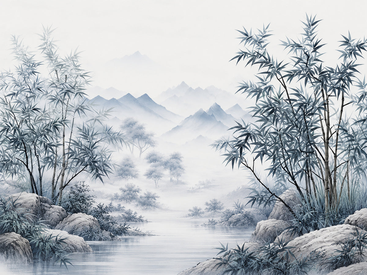Papier peint panoramique Bambous Gris dans la Brume — vue du design seul