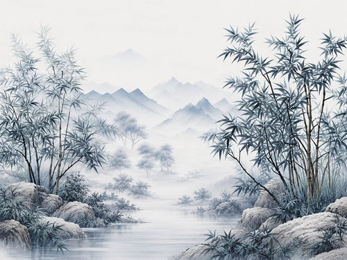 Papier peint panoramique Bambous Gris dans la Brume — vue du design seul