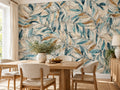 Papier peint panoramique Feuilles Bleues et Dorées — mise en scène sur un mur