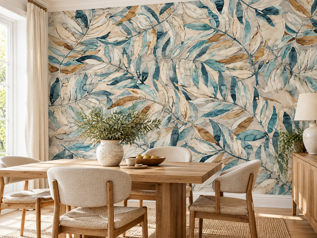 Papier peint panoramique Feuilles Bleues et Dorées — mise en scène sur un mur
