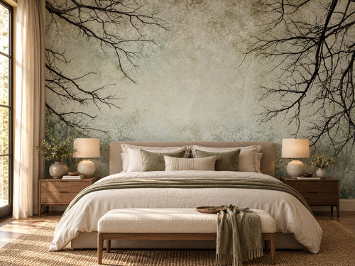 Papier peint panoramique Branches Noires sur Fond Patiné — mise en scène sur un mur