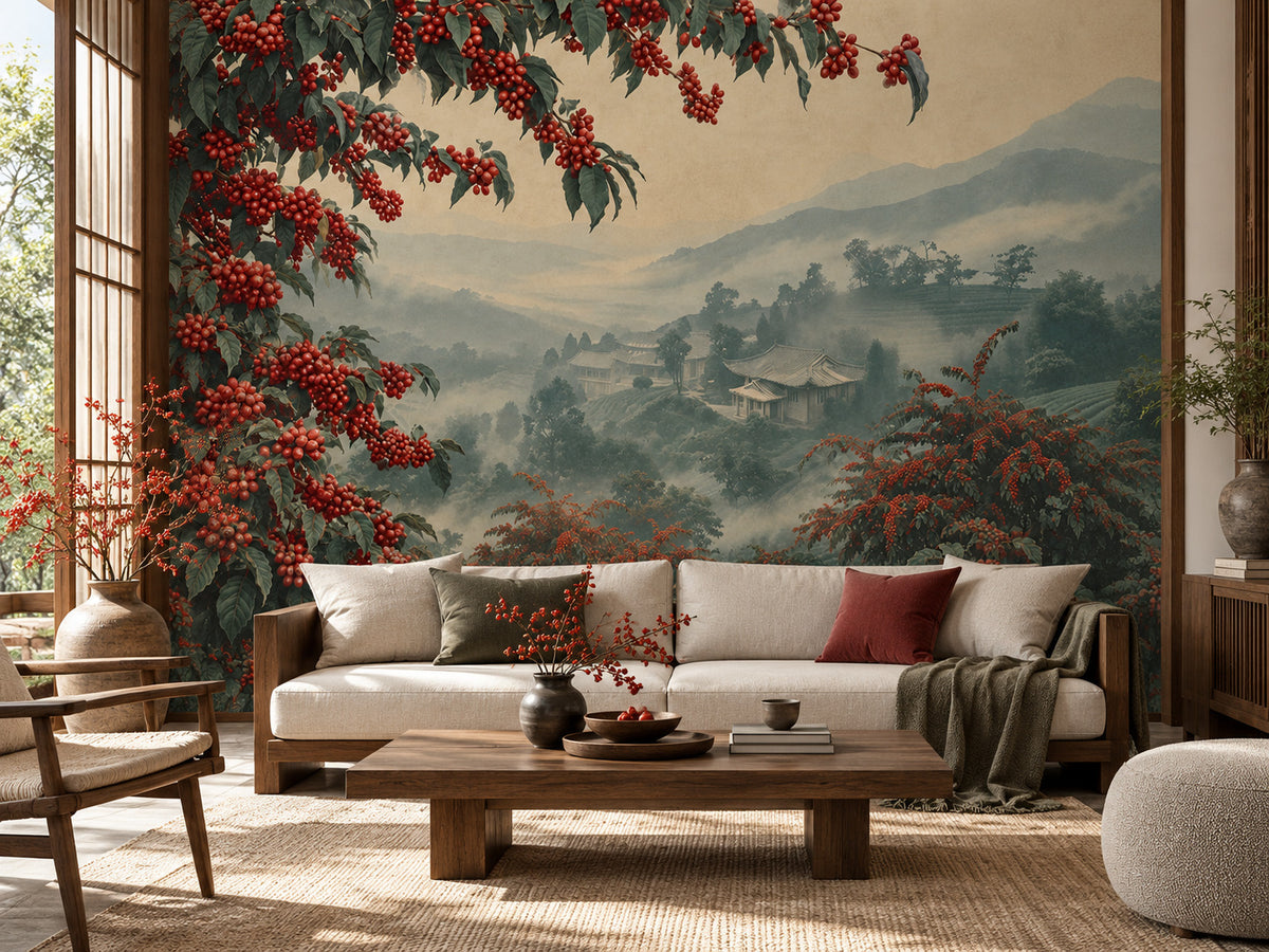 Papier peint panoramique Baies Rouges et Montagnes Brumeuses — mise en scène sur un mur