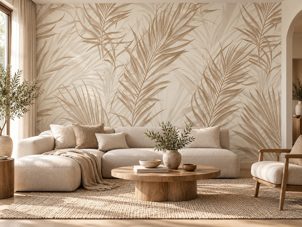 Papier peint panoramique Feuilles de Palmier Beiges — mise en scène sur un mur