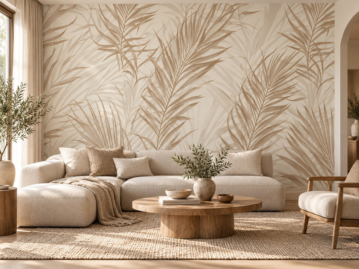 Papier peint panoramique Feuilles de Palmier Beiges — mise en scène sur un mur