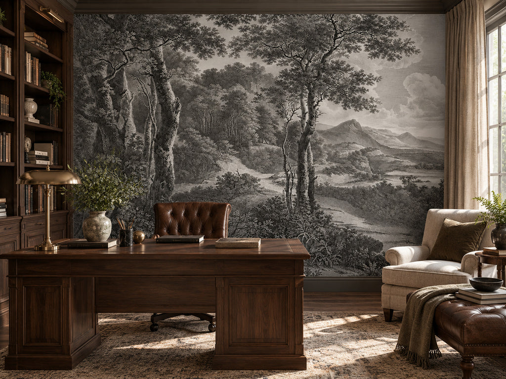 Papier peint panoramique Forêt Gravée en Noir et Blanc — mise en scène sur un mur