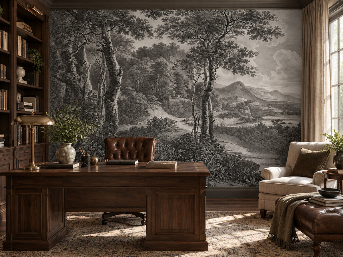 Papier peint panoramique Forêt Gravée en Noir et Blanc — mise en scène sur un mur