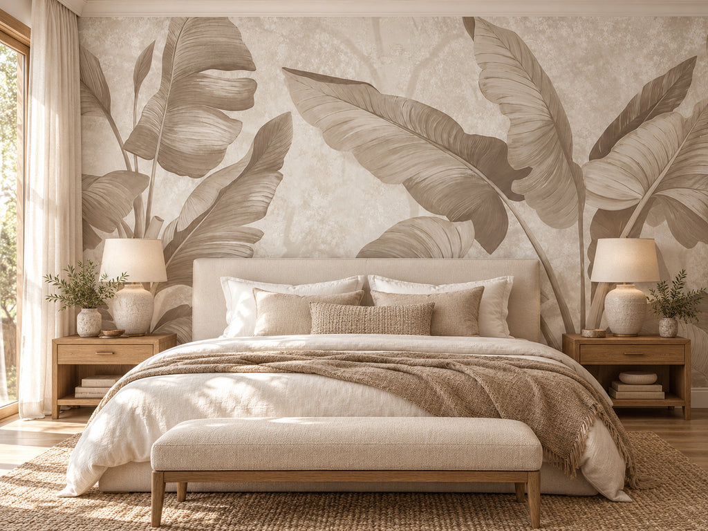 Papier peint panoramique Feuilles Tropicales Beiges — mise en scène sur un mur