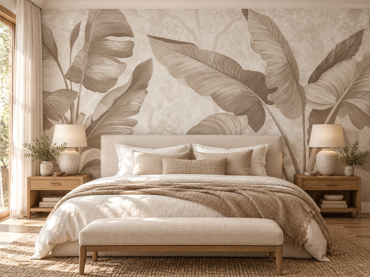 Papier peint panoramique Feuilles Tropicales Beiges — mise en scène sur un mur