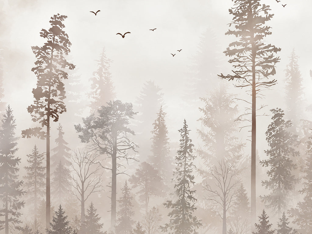 Papier peint panoramique Forêt Beige et Oiseaux — vue du design seul