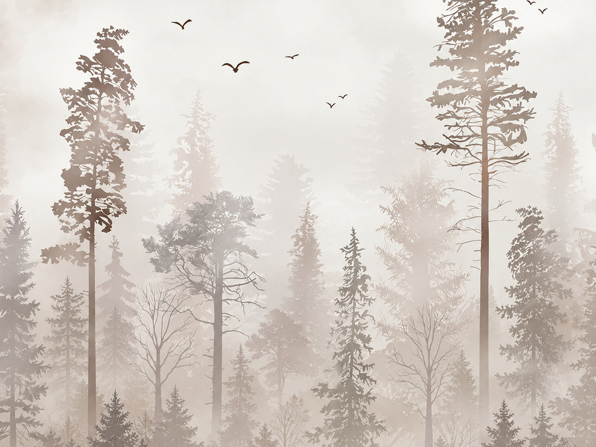 Papier peint panoramique Forêt Beige et Oiseaux — vue du design seul