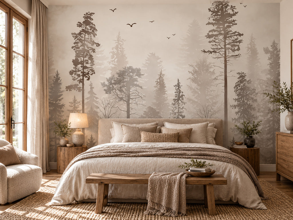 Papier peint panoramique Forêt Beige et Oiseaux — mise en scène sur un mur