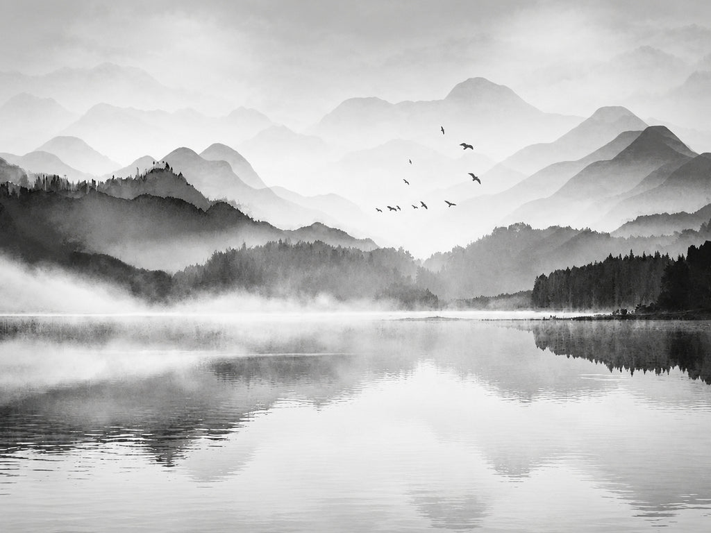 Papier peint panoramique Lac et Montagnes en Noir et Blanc — vue du design seul