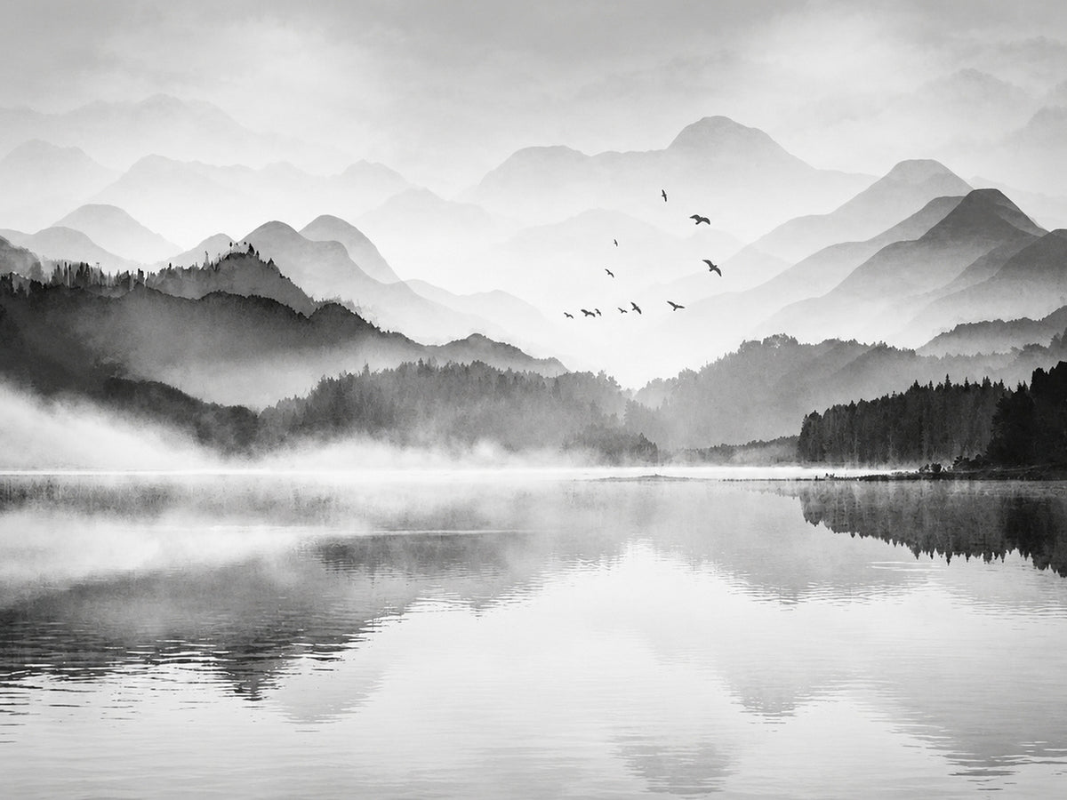 Papier peint panoramique Lac et Montagnes en Noir et Blanc — vue du design seul