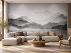 Papier peint panoramique Lac et Montagnes en Noir et Blanc — mise en scène sur un mur