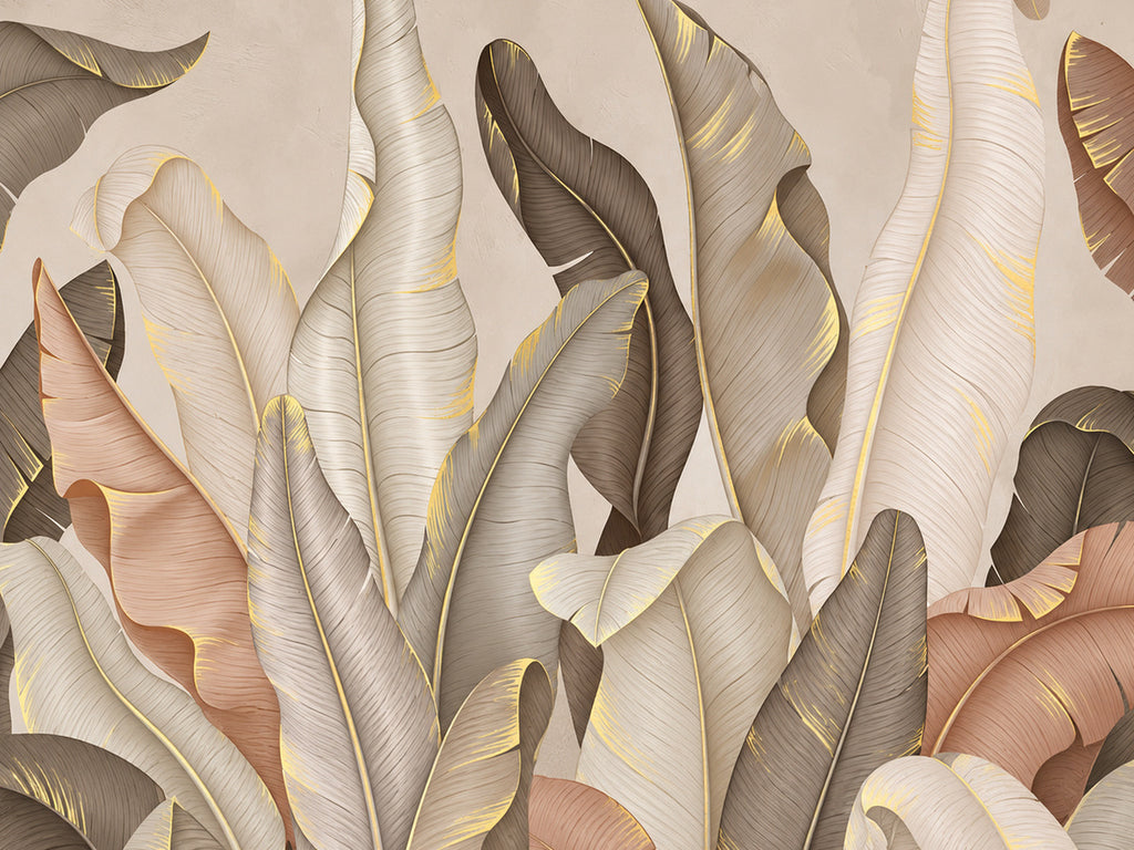 Papier peint panoramique Feuilles Beiges en Trompe-l’œil — vue du design seul