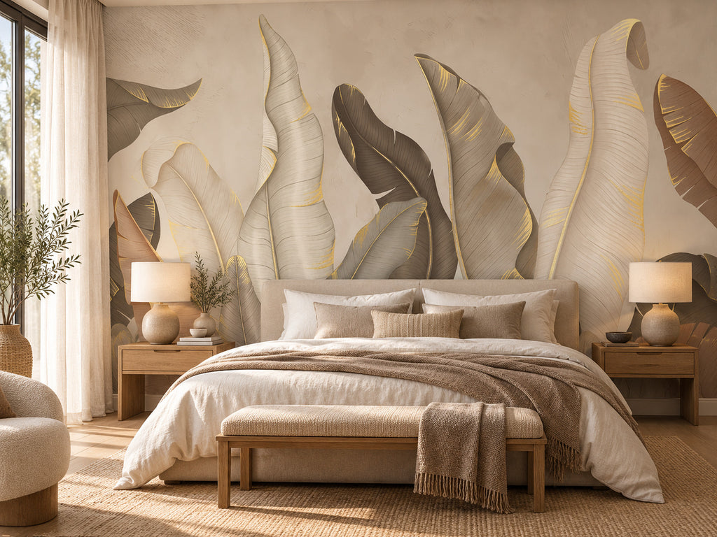 Papier peint panoramique Feuilles Beiges en Trompe-l’œil — mise en scène sur un mur