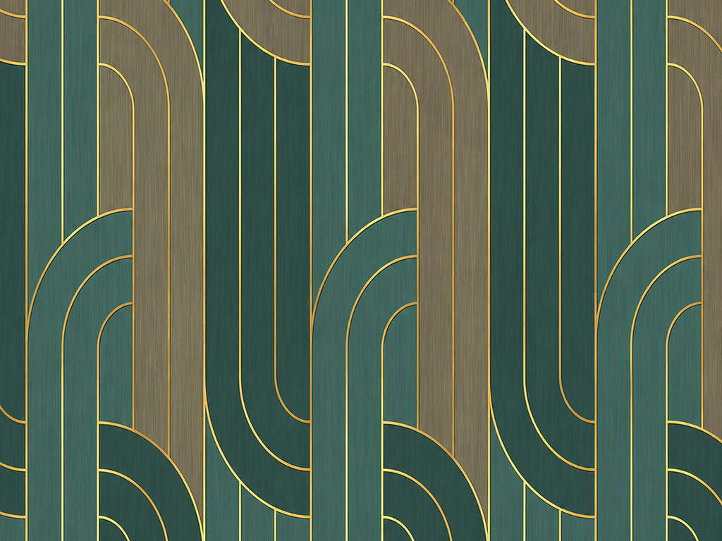 Papier peint panoramique Lignes Art Déco Vertes et Dorées — vue du design seul
