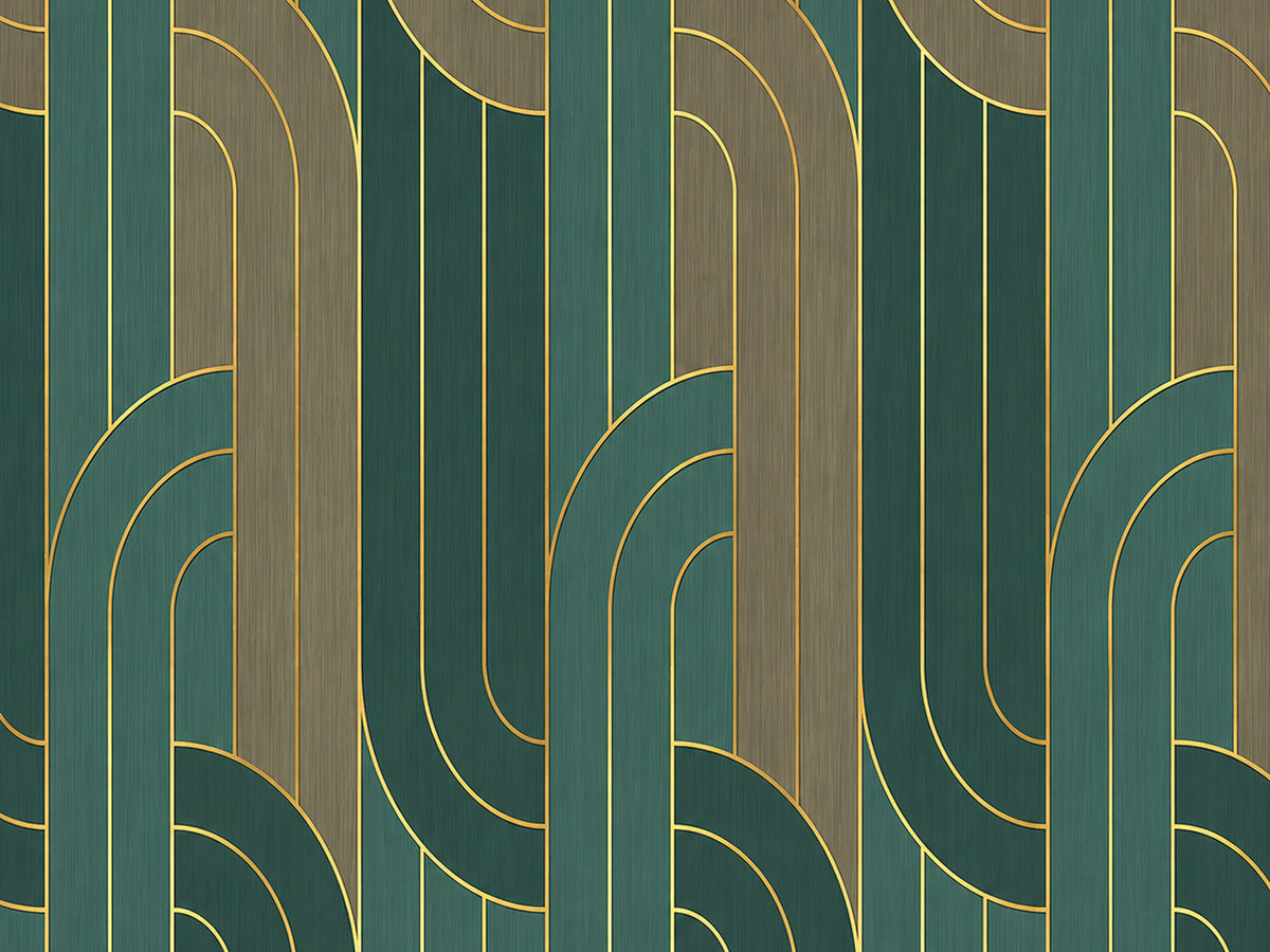 Papier peint panoramique Lignes Art Déco Vertes et Dorées — vue du design seul