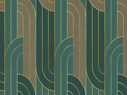 Papier peint panoramique Lignes Art Déco Vertes et Dorées — vue du design seul