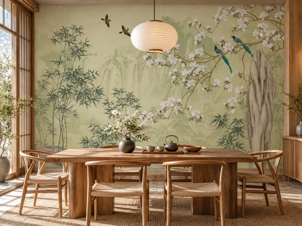 Papier peint panoramique Bambous et Oiseaux au Jardin — mise en scène sur un mur