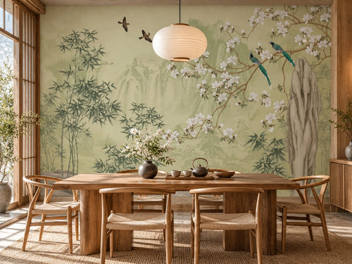 Papier peint panoramique Bambous et Oiseaux au Jardin — mise en scène sur un mur