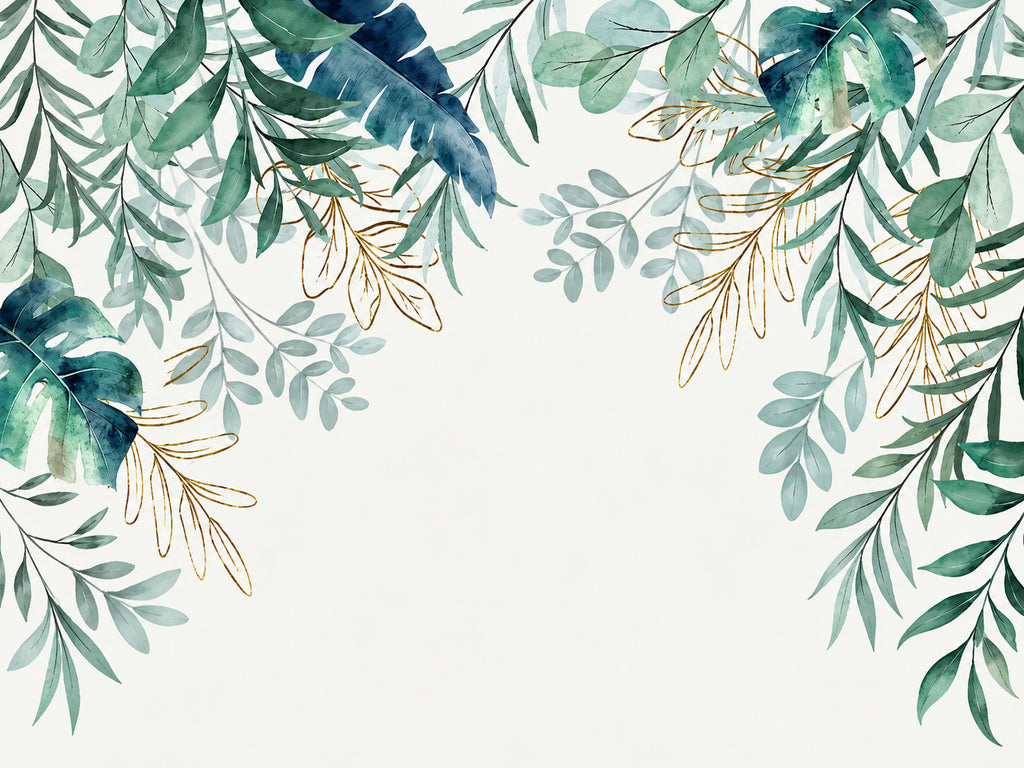 Papier peint panoramique Feuillage Tropical Vert et Bleu — vue du design seul