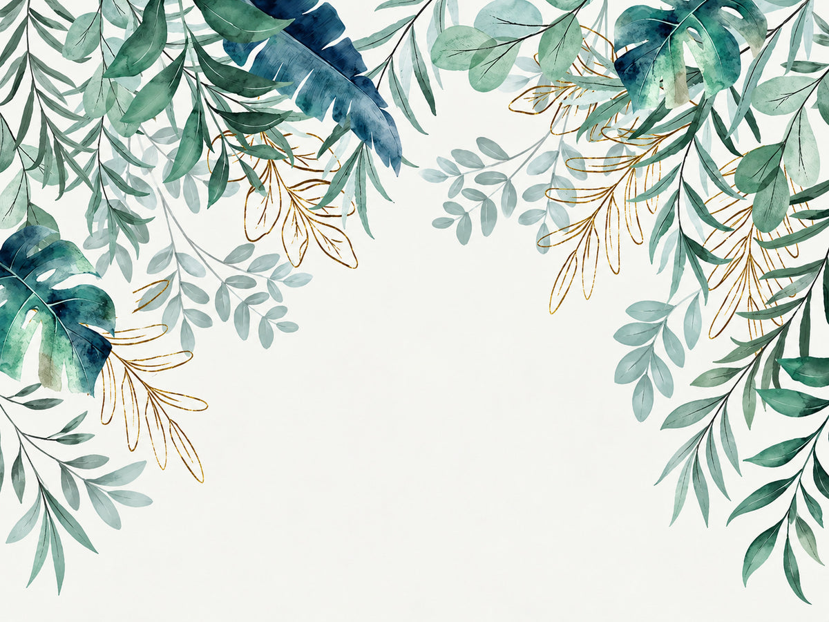 Papier peint panoramique Feuillage Tropical Vert et Bleu — vue du design seul
