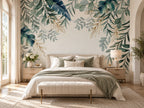 Papier peint panoramique Feuillage Tropical Vert et Bleu — mise en scène sur un mur
