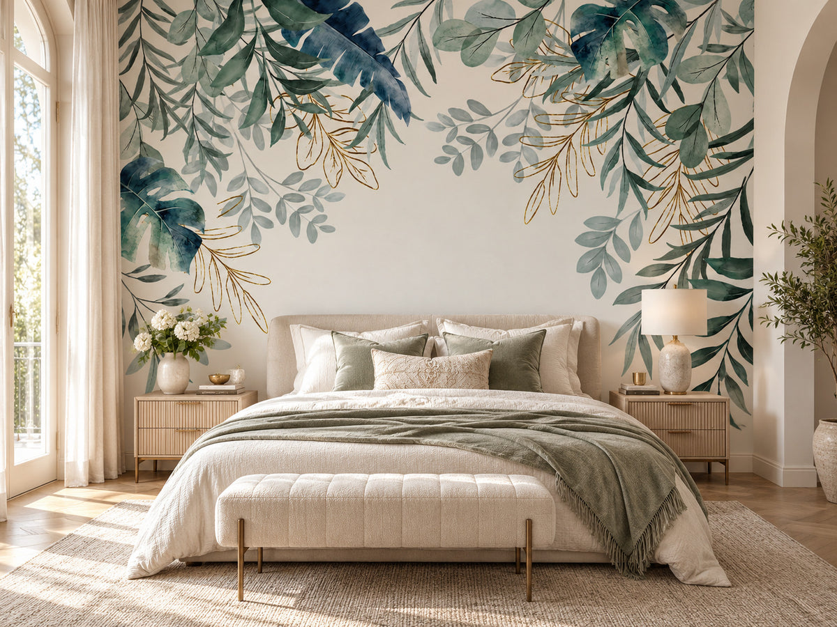 Papier peint panoramique Feuillage Tropical Vert et Bleu — mise en scène sur un mur